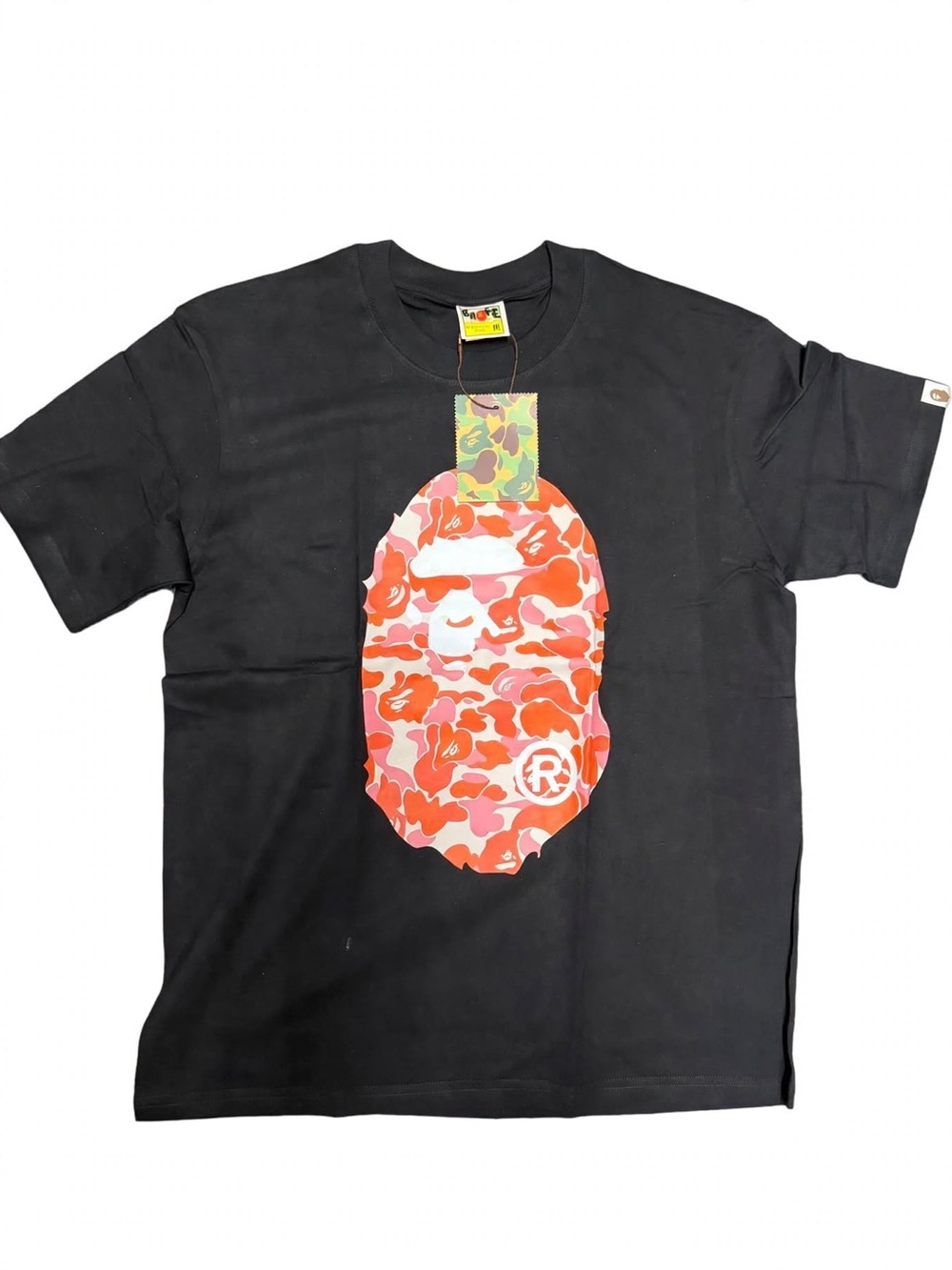 Bape Black Tee with Orange and Pink Camo Ape Head